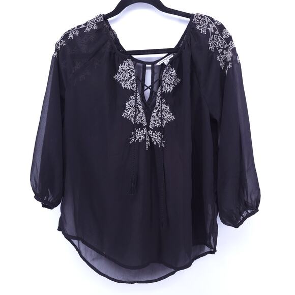 AEO American Eagle Boho Peasant 70s Black Sheer Embroidered Blouse Rope Tassel M - Picture 1 of 13